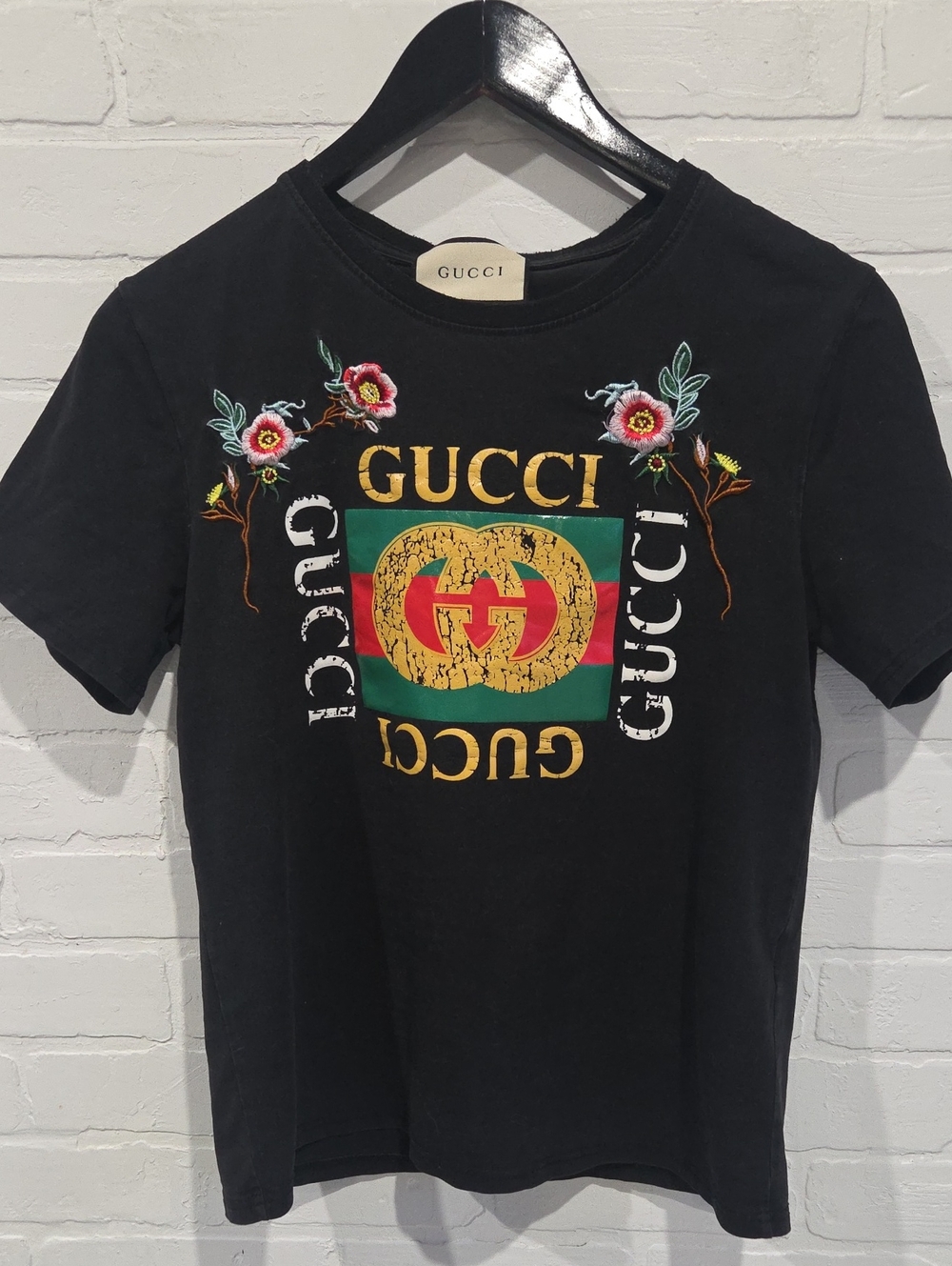 Gucci Black Floral Logo Tee with Gold & Green Stripe